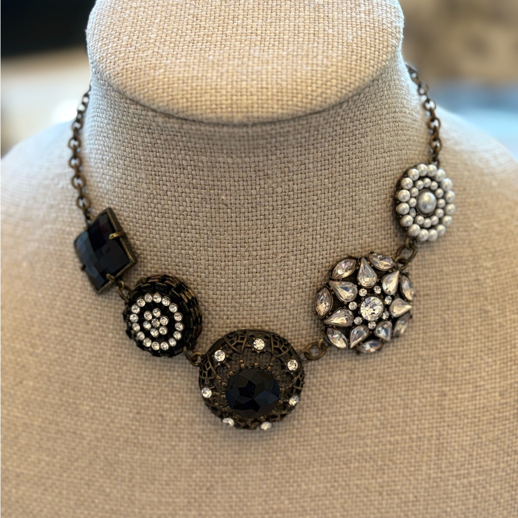 Bronze Chain Necklace Multi Pendants. Black Faceted Stones, Rhinestones, Pearls